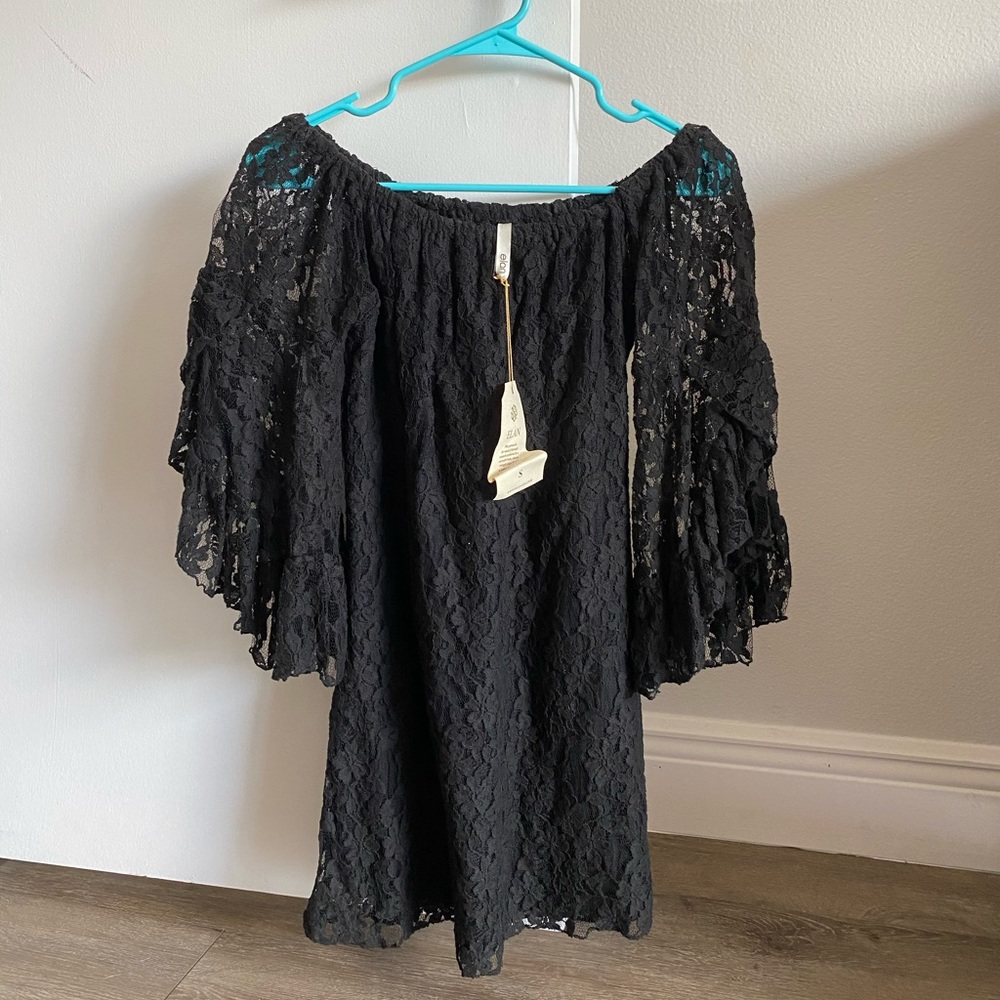 Bell sleeve black lace mini dress